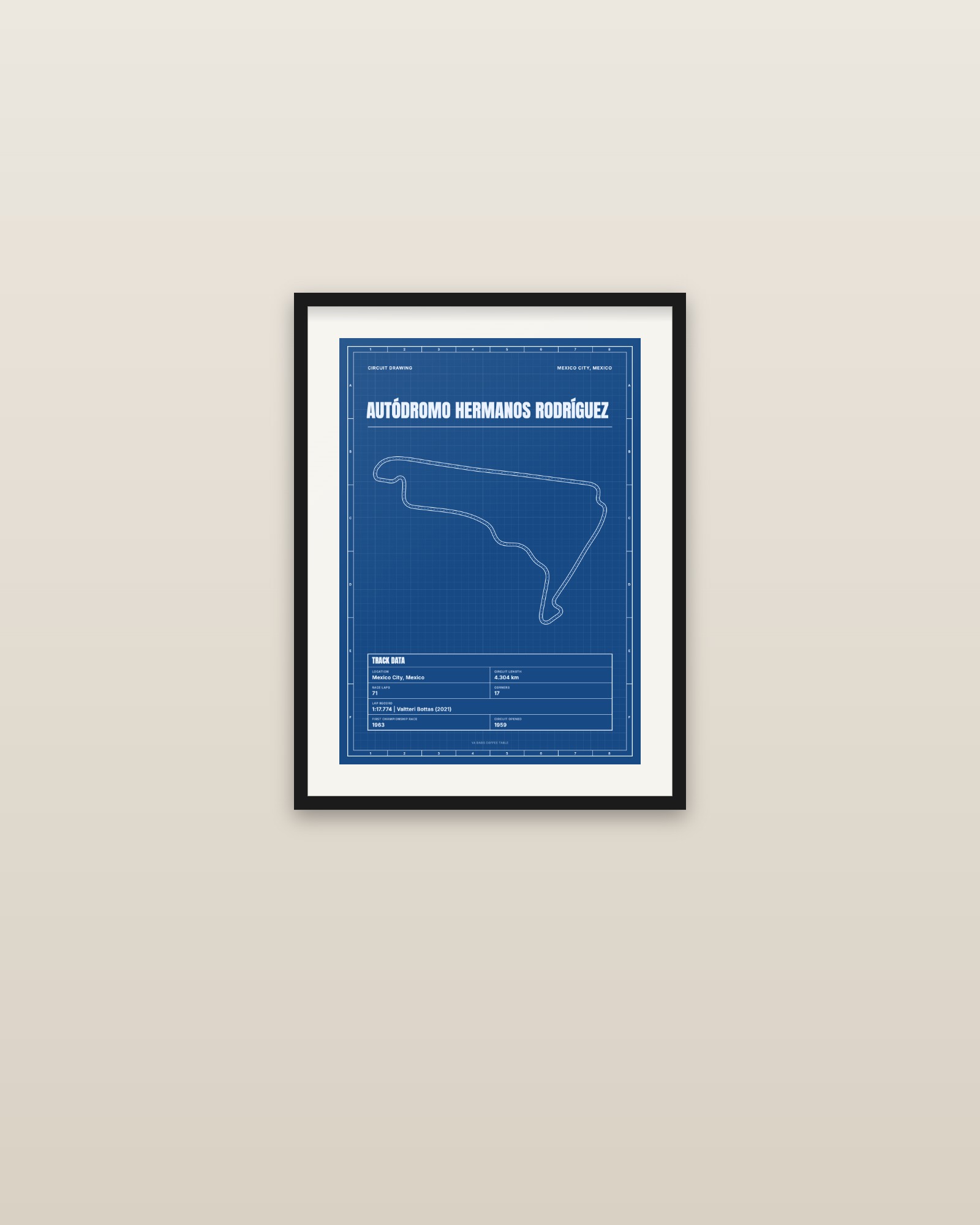Autódromo Hermanos Rodríguez circuit poster, framed on a wall