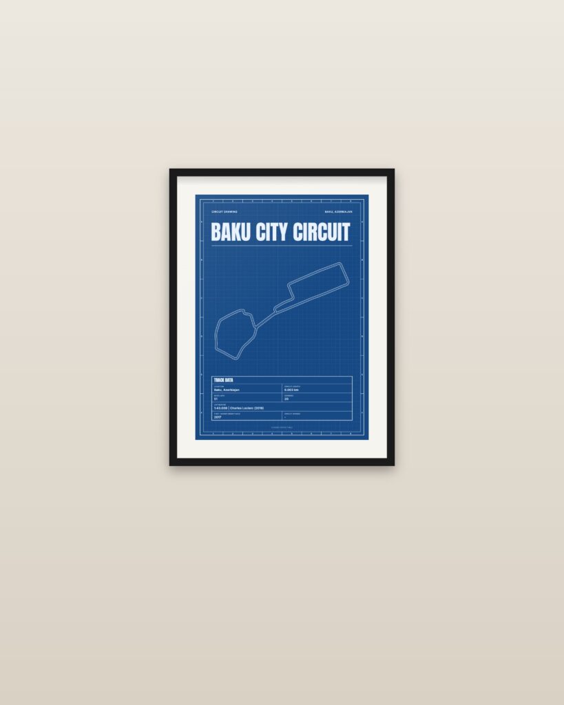 Baku City Circuit circuit poster, framed on a wall