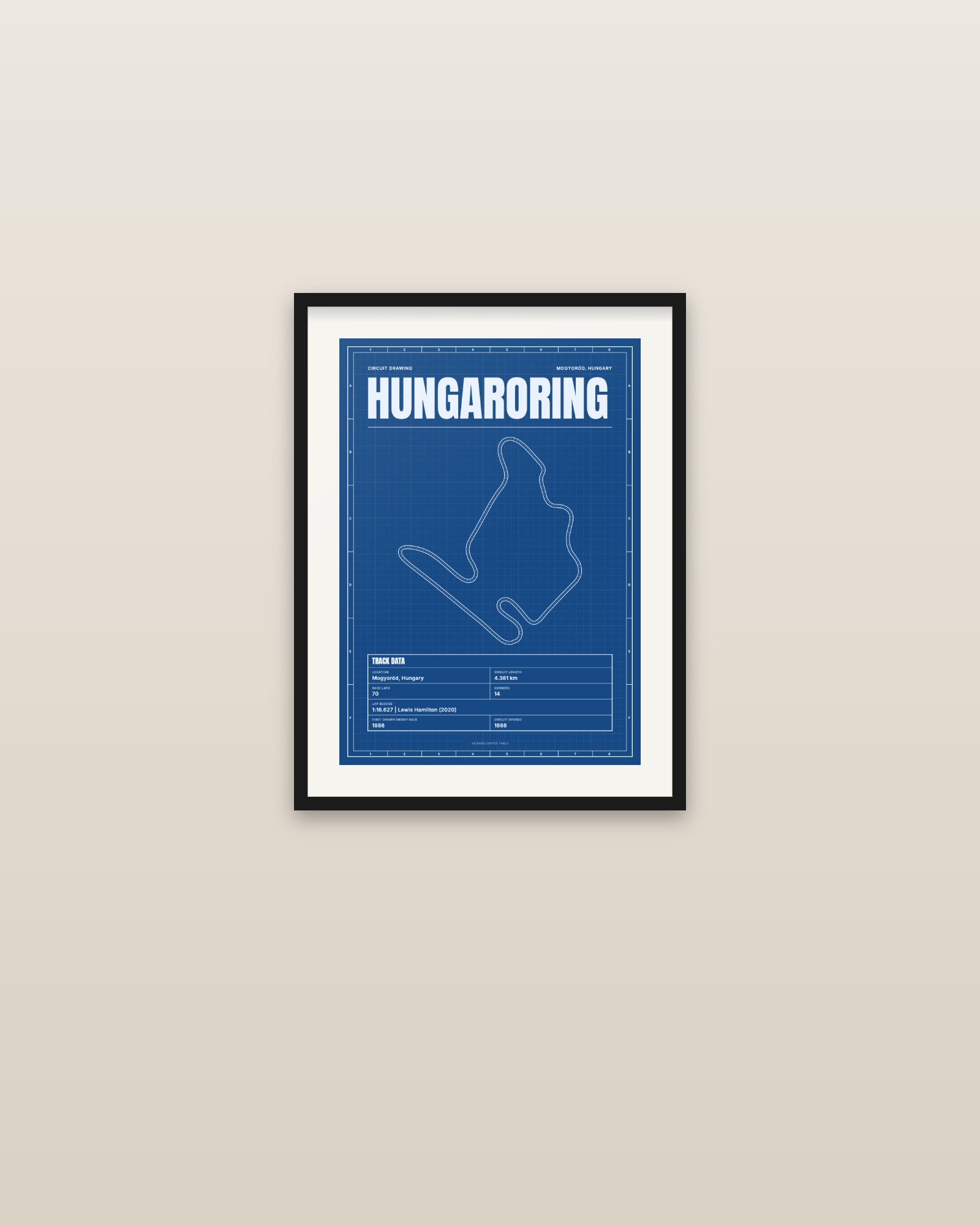 Hungaroring circuit poster, framed on a wall