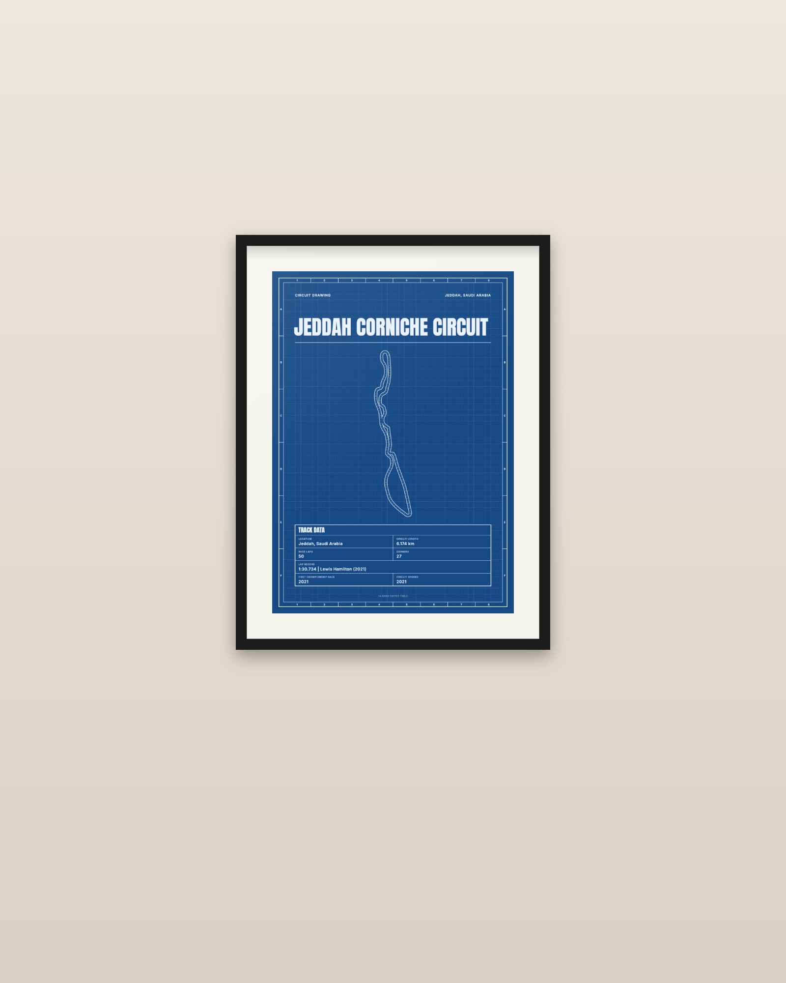 Jeddah Corniche Circuit circuit poster, framed on a wall