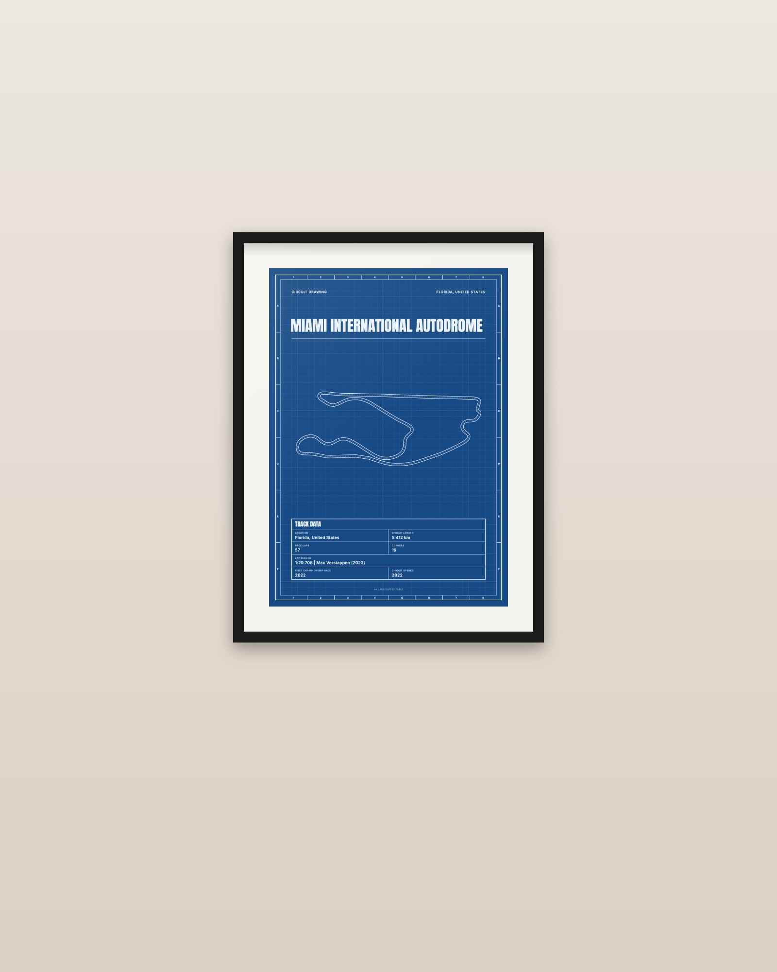Miami International Autodrome circuit poster, framed on a wall