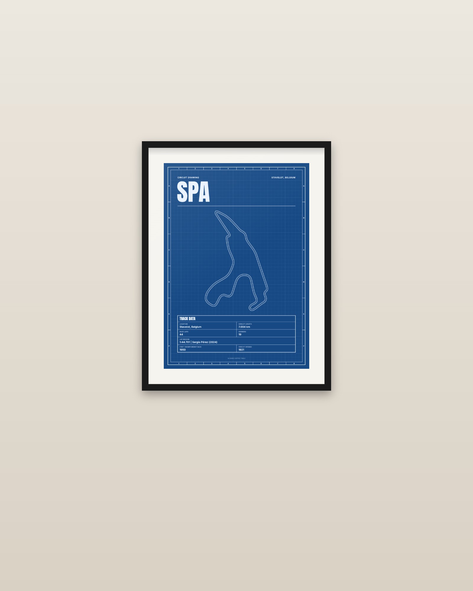 Spa circuit poster, framed on a wall