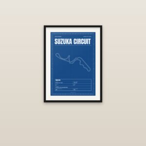 Suzuka Circuit circuit poster, framed on a wall